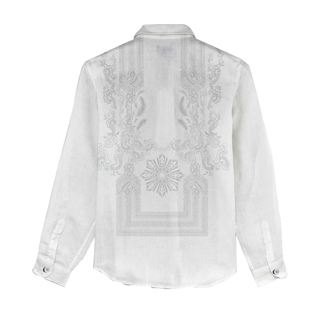 Philippines Barong Style Women Casual Shirt with Polynesian Art and Leaf Motif White Color