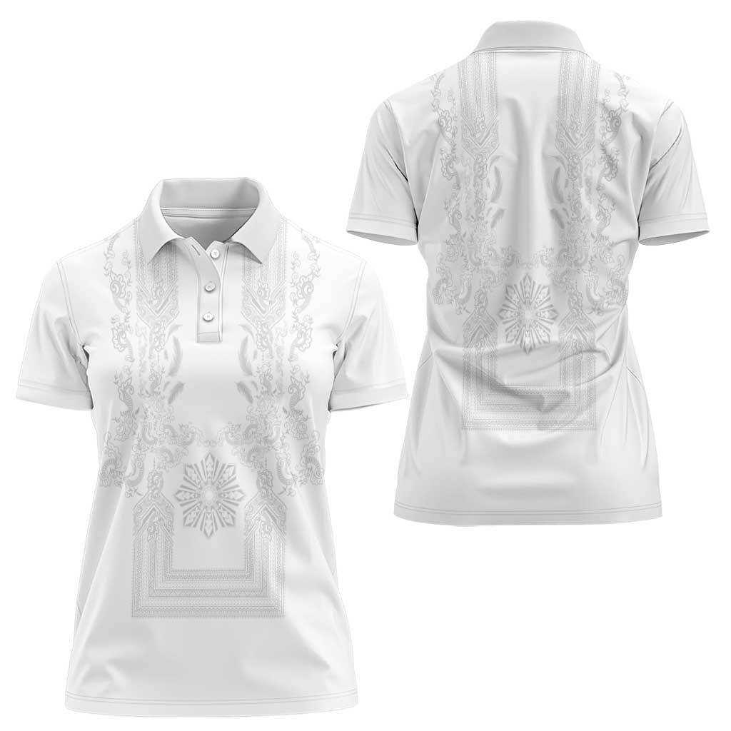 Philippines Barong Style Women Polo Shirt with Polynesian Art and Leaf Motif White Color