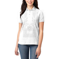 Philippines Barong Style Women Polo Shirt with Polynesian Art and Leaf Motif White Color