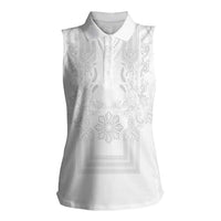 Philippines Barong Style Women Sleeveless Polo Shirt with Polynesian Art and Leaf Motif White Color LT03 Female White - Polynesian Pride