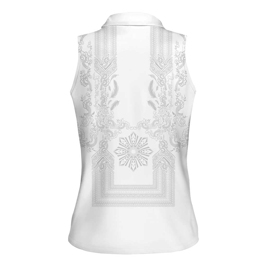 Philippines Barong Style Women Sleeveless Polo Shirt with Polynesian Art and Leaf Motif White Color LT03 - Polynesian Pride