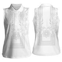 Philippines Barong Style Women Sleeveless Polo Shirt with Polynesian Art and Leaf Motif White Color LT03 - Polynesian Pride
