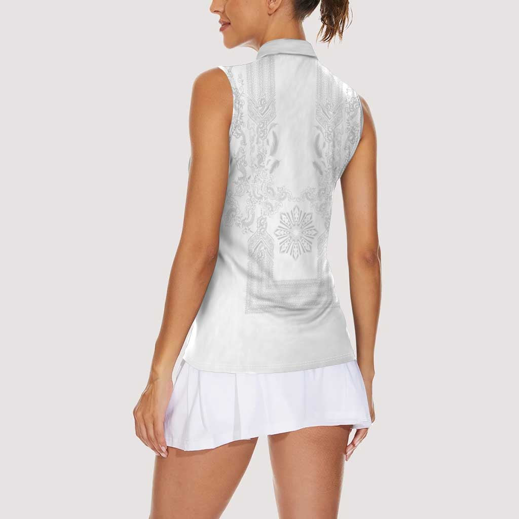 Philippines Barong Style Women Sleeveless Polo Shirt with Polynesian Art and Leaf Motif White Color LT03 - Polynesian Pride