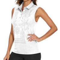 Philippines Barong Style Women Sleeveless Polo Shirt with Polynesian Art and Leaf Motif White Color LT03 - Polynesian Pride