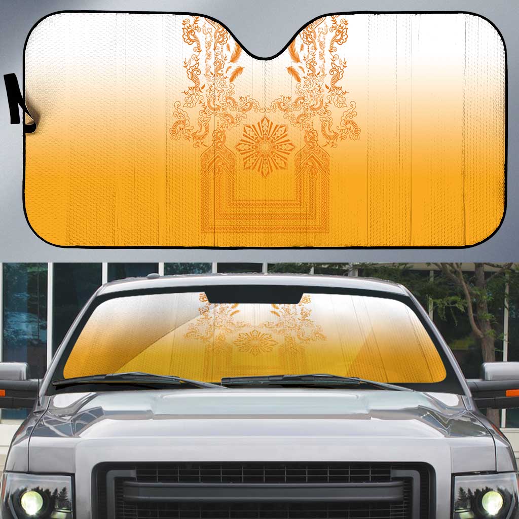 Philippines Barong Style Auto Sun Shade with Polynesian Art and Leaf Motif Yellow Color