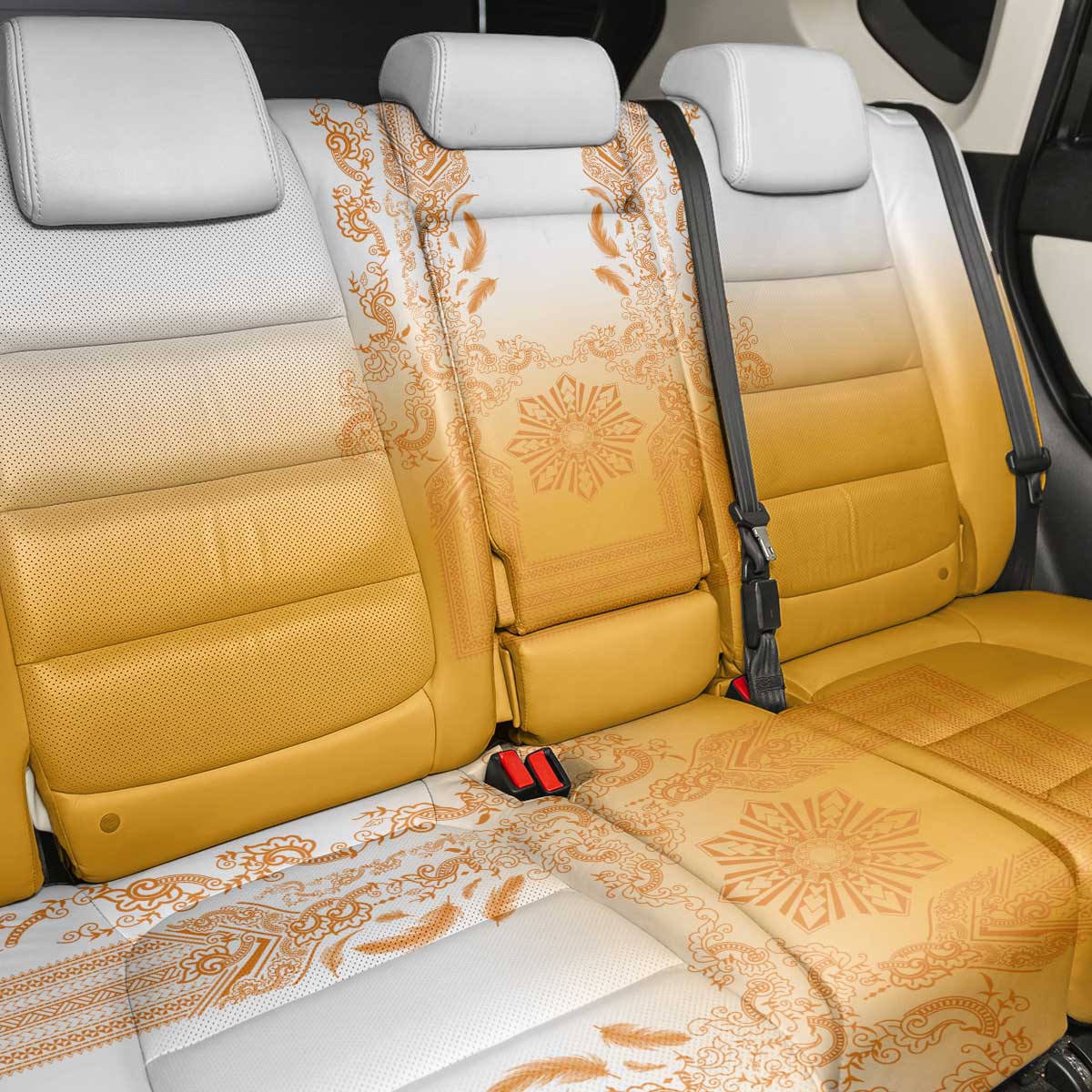 Philippines Barong Style Back Car Seat Cover with Polynesian Art and Leaf Motif Yellow Color