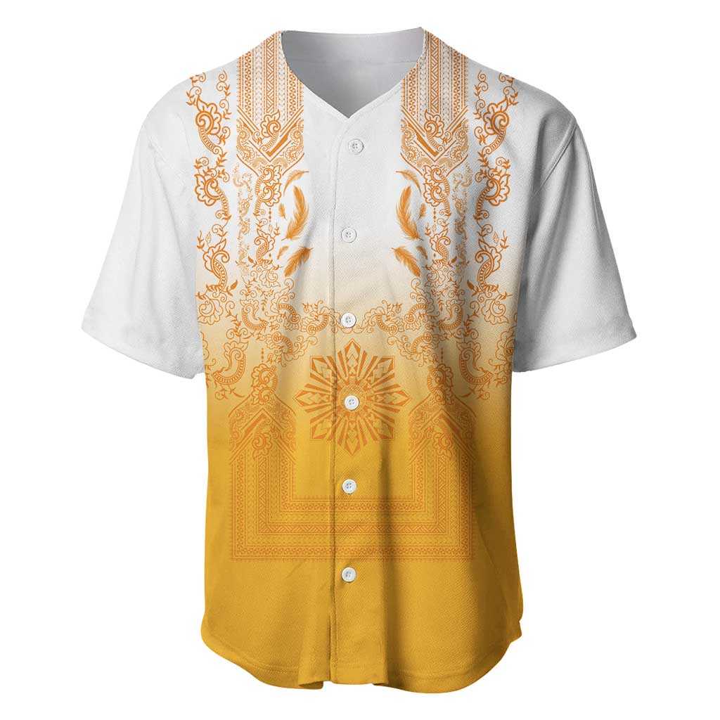 Philippines Barong Style Baseball Jersey with Polynesian Art and Leaf Motif Yellow Color
