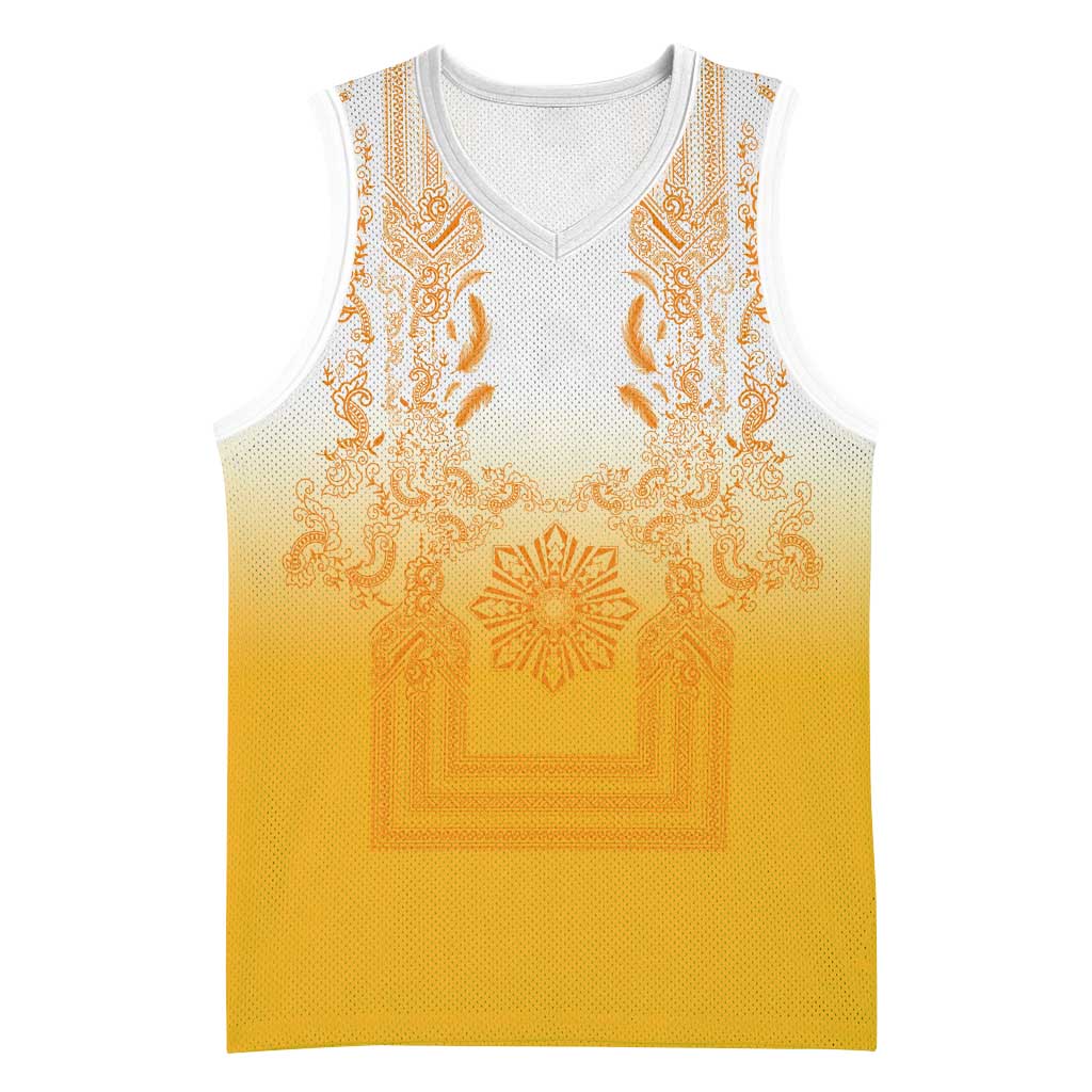 Philippines Barong Style Basketball Jersey with Polynesian Art and Leaf Motif Yellow Color