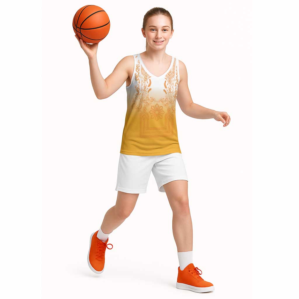 Philippines Barong Style Basketball Jersey with Polynesian Art and Leaf Motif Yellow Color