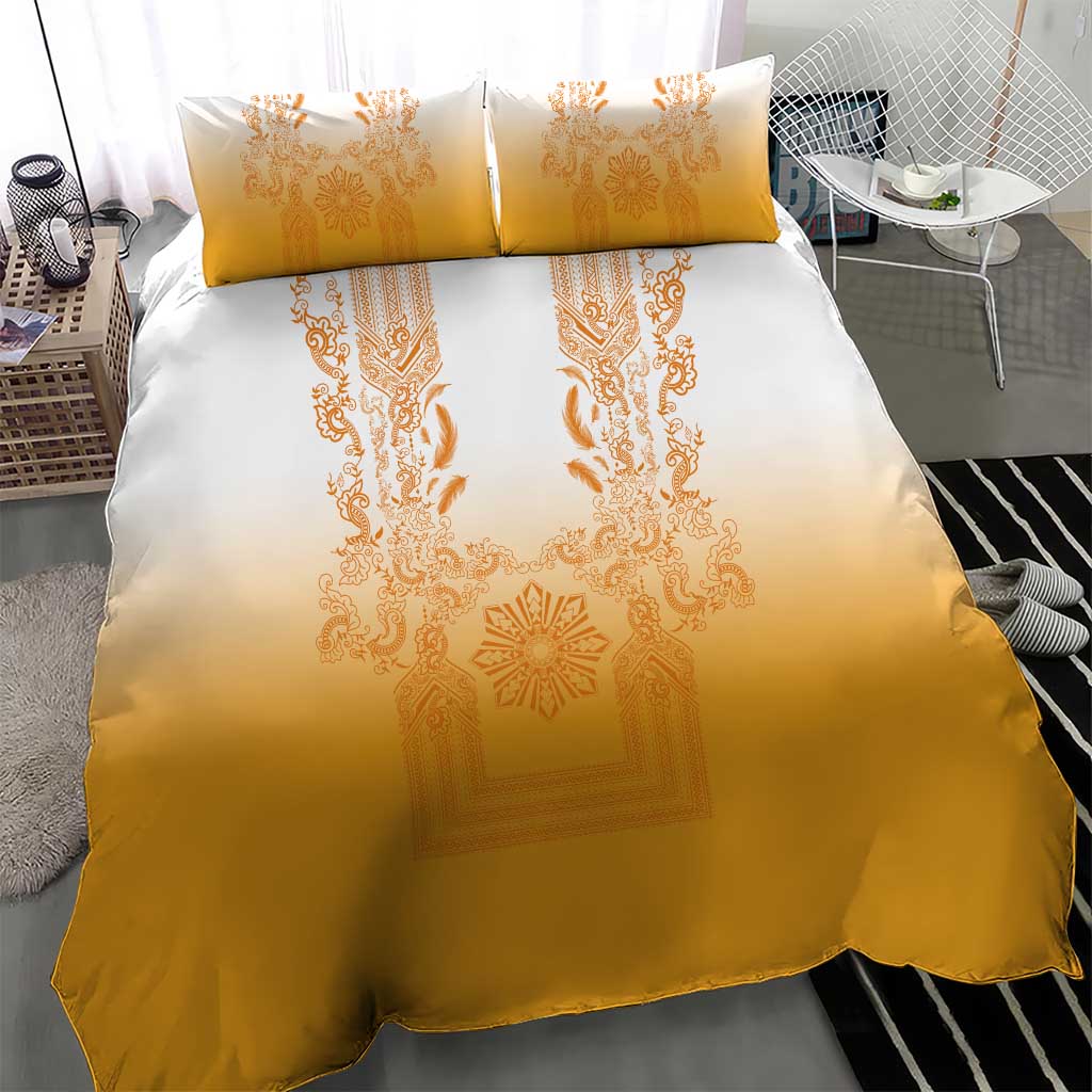 Philippines Barong Style Bedding Set with Polynesian Art and Leaf Motif Yellow Color