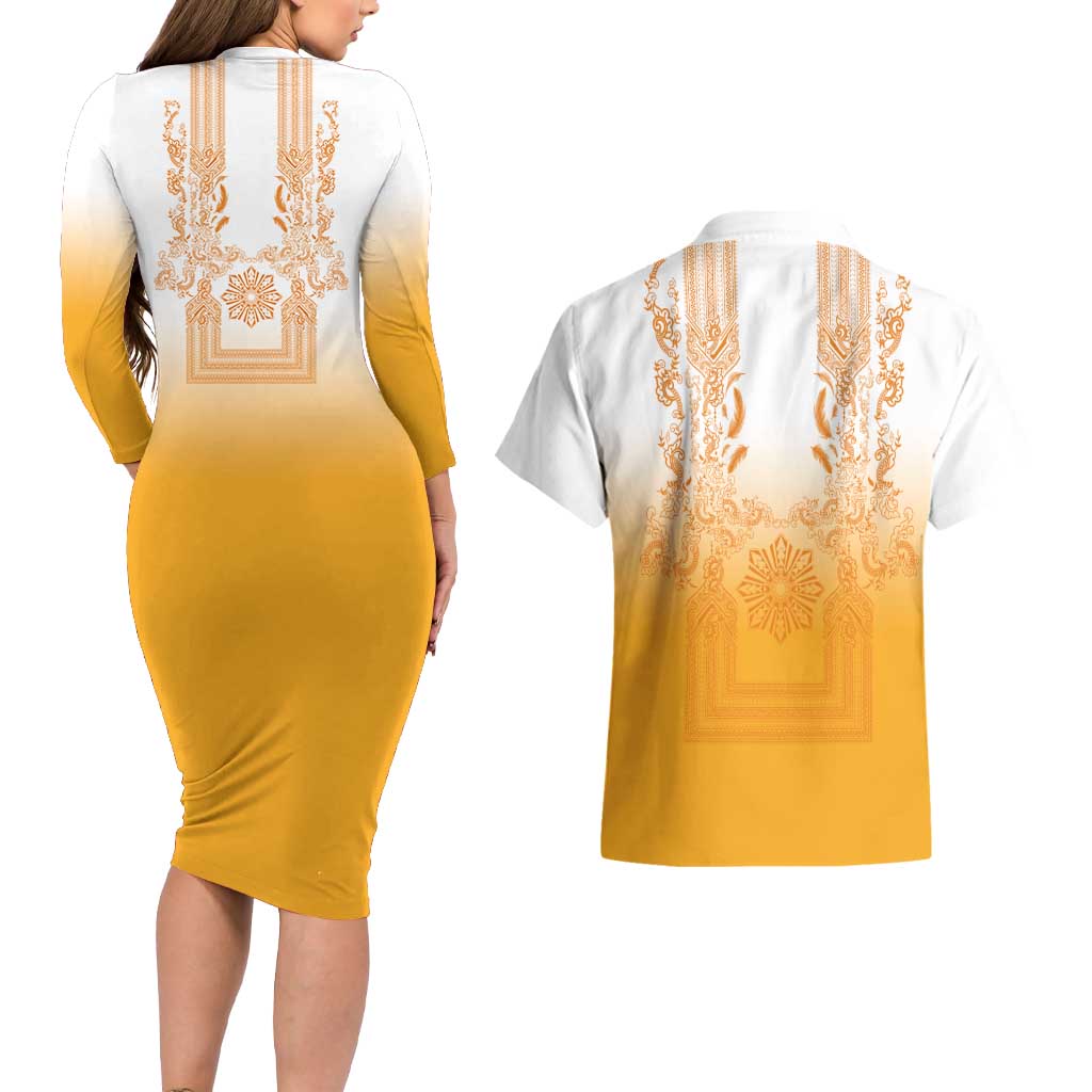 Philippines Barong Style Couples Matching Long Sleeve Bodycon Dress and Hawaiian Shirt with Polynesian Art and Leaf Motif Yellow Color