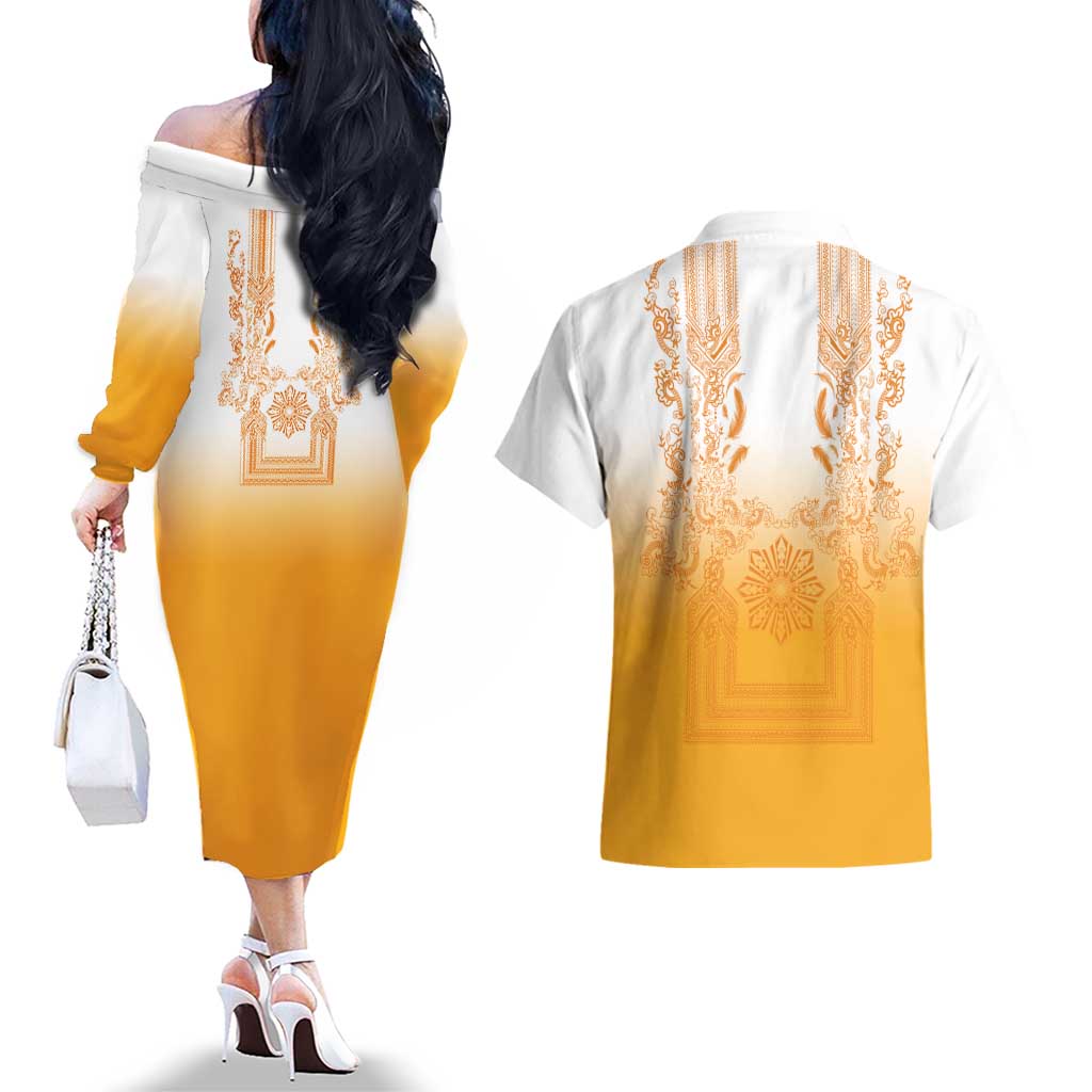 Philippines Barong Style Couples Matching Off The Shoulder Long Sleeve Dress and Hawaiian Shirt with Polynesian Art and Leaf Motif Yellow Color