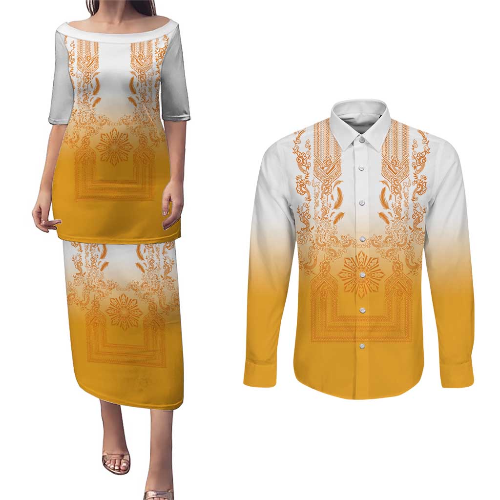 Philippines Barong Style Couples Matching Puletasi and Long Sleeve Button Shirt with Polynesian Art and Leaf Motif Yellow Color LT03 Yellow - Polynesian Pride