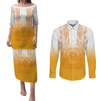 Philippines Barong Style Couples Matching Puletasi and Long Sleeve Button Shirt with Polynesian Art and Leaf Motif Yellow Color LT03 Yellow - Polynesian Pride
