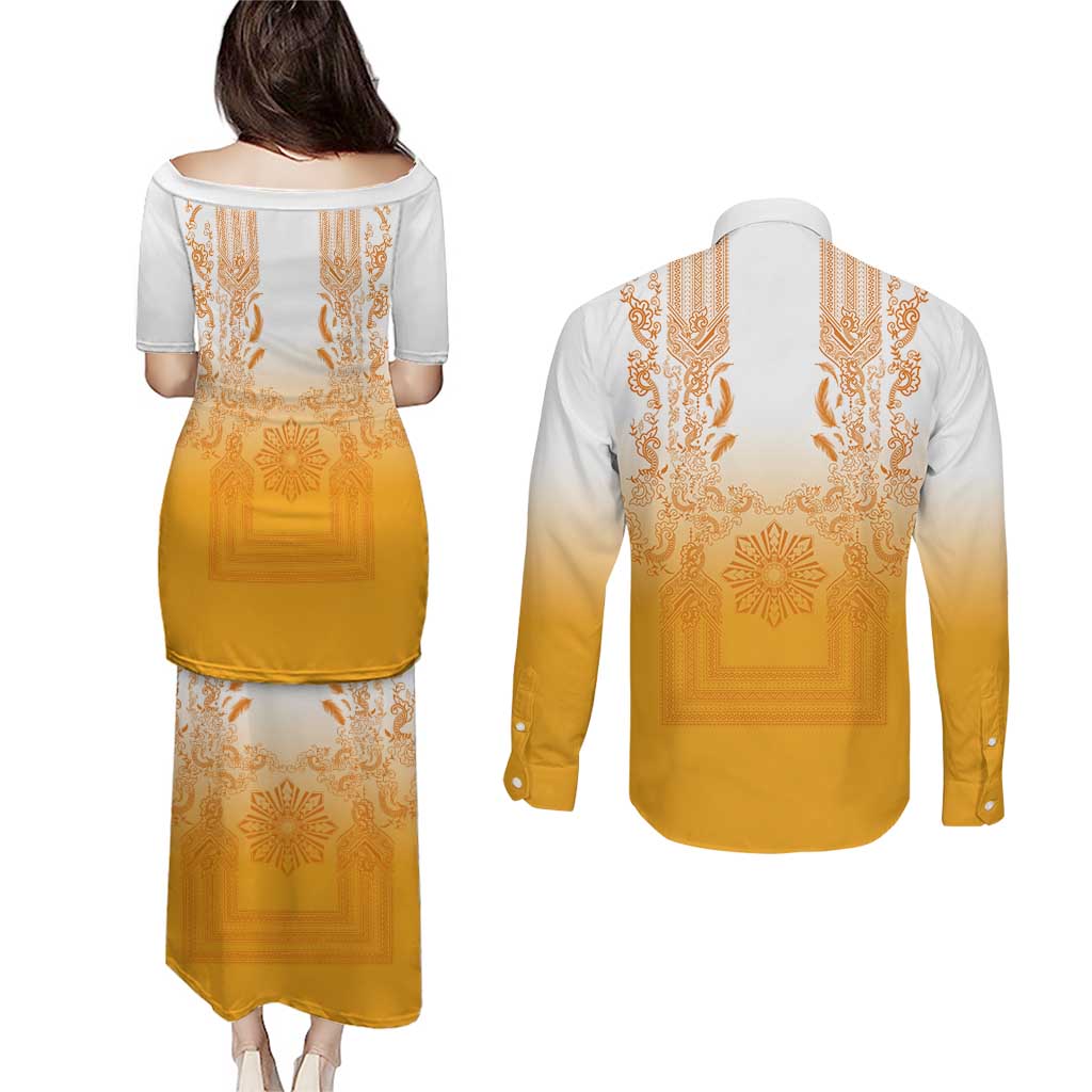 Philippines Barong Style Couples Matching Puletasi and Long Sleeve Button Shirt with Polynesian Art and Leaf Motif Yellow Color LT03 - Polynesian Pride