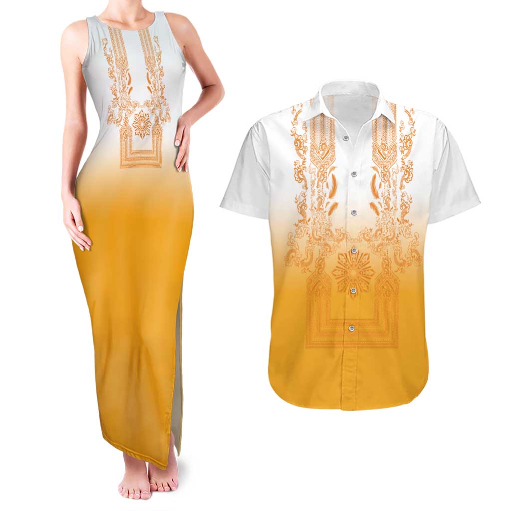 Philippines Barong Style Couples Matching Tank Maxi Dress and Hawaiian Shirt with Polynesian Art and Leaf Motif Yellow Color