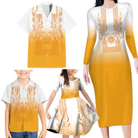 Philippines Barong Style Family Matching Long Sleeve Bodycon Dress and Hawaiian Shirt with Polynesian Art and Leaf Motif Yellow Color