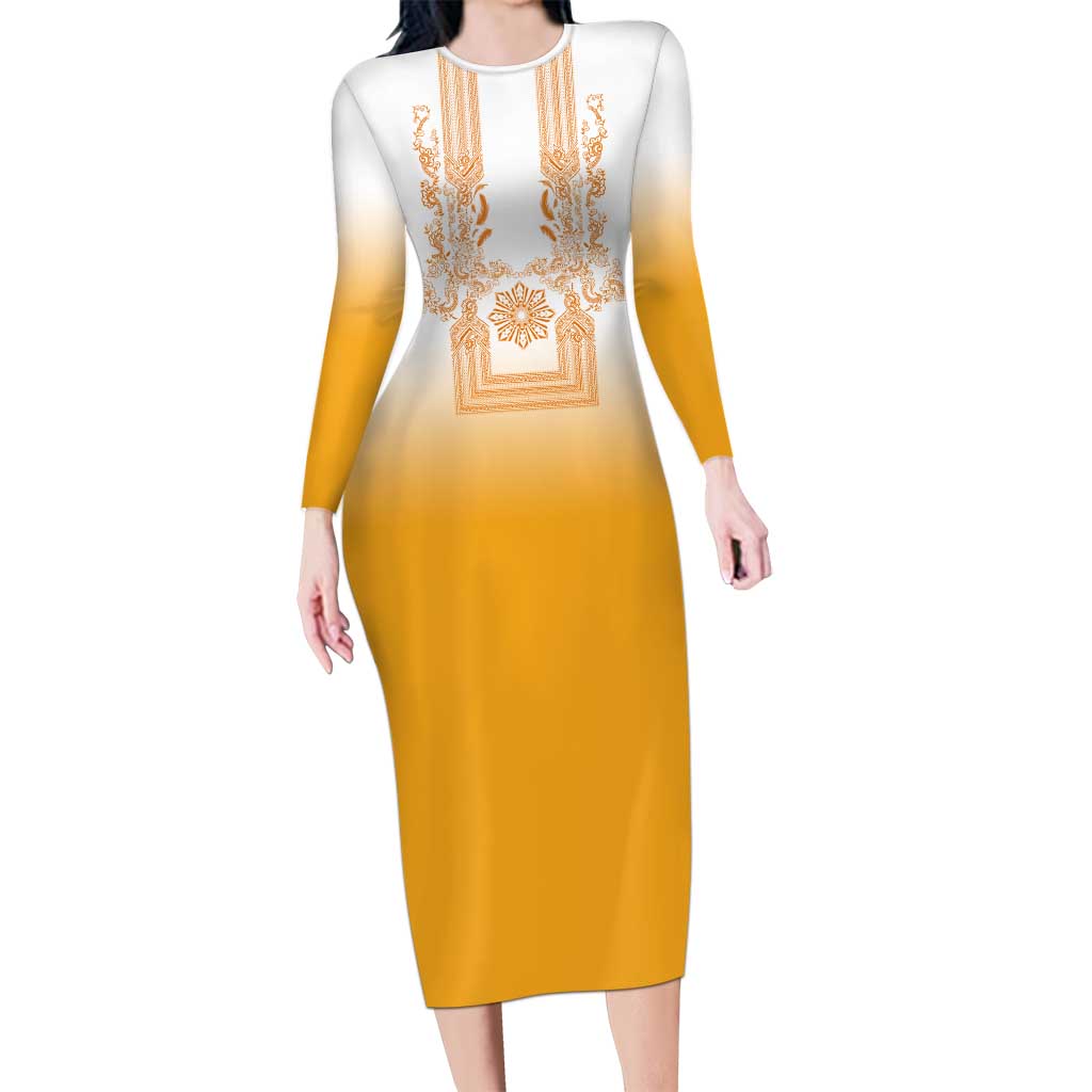 Philippines Barong Style Family Matching Long Sleeve Bodycon Dress and Hawaiian Shirt with Polynesian Art and Leaf Motif Yellow Color