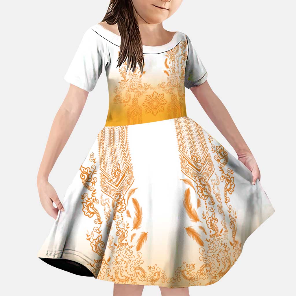 Philippines Barong Style Family Matching Mermaid Dress and Hawaiian Shirt with Polynesian Art and Leaf Motif Yellow Color LT03 Daughter's Dress Yellow - Polynesian Pride