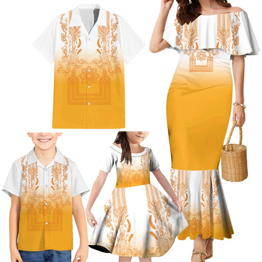 Philippines Barong Style Family Matching Mermaid Dress and Hawaiian Shirt with Polynesian Art and Leaf Motif Yellow Color LT03 - Polynesian Pride