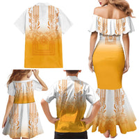 Philippines Barong Style Family Matching Mermaid Dress and Hawaiian Shirt with Polynesian Art and Leaf Motif Yellow Color LT03 - Polynesian Pride