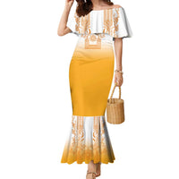 Philippines Barong Style Family Matching Mermaid Dress and Hawaiian Shirt with Polynesian Art and Leaf Motif Yellow Color LT03 Mom's Dress Yellow - Polynesian Pride