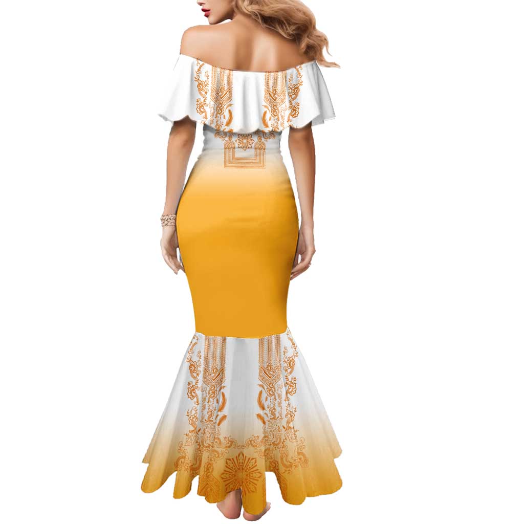 Philippines Barong Style Family Matching Mermaid Dress and Hawaiian Shirt with Polynesian Art and Leaf Motif Yellow Color LT03 - Polynesian Pride