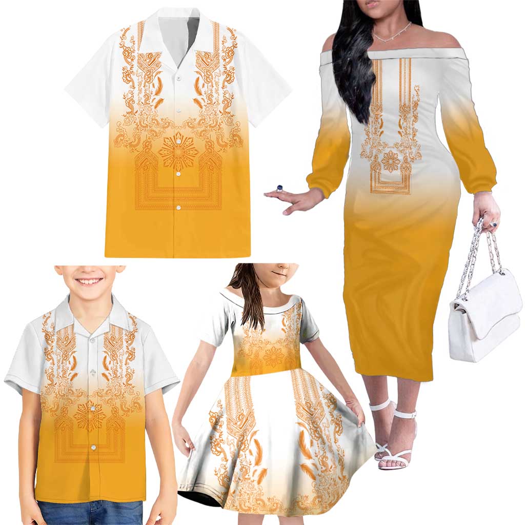 Philippines Barong Style Family Matching Off The Shoulder Long Sleeve Dress and Hawaiian Shirt with Polynesian Art and Leaf Motif Yellow Color