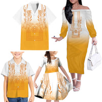 Philippines Barong Style Family Matching Off The Shoulder Long Sleeve Dress and Hawaiian Shirt with Polynesian Art and Leaf Motif Yellow Color