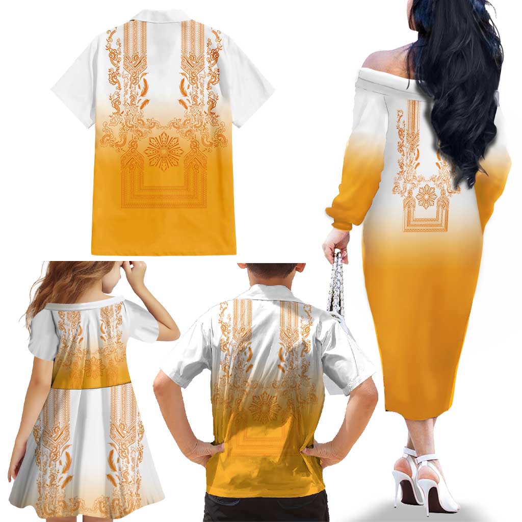 Philippines Barong Style Family Matching Off The Shoulder Long Sleeve Dress and Hawaiian Shirt with Polynesian Art and Leaf Motif Yellow Color