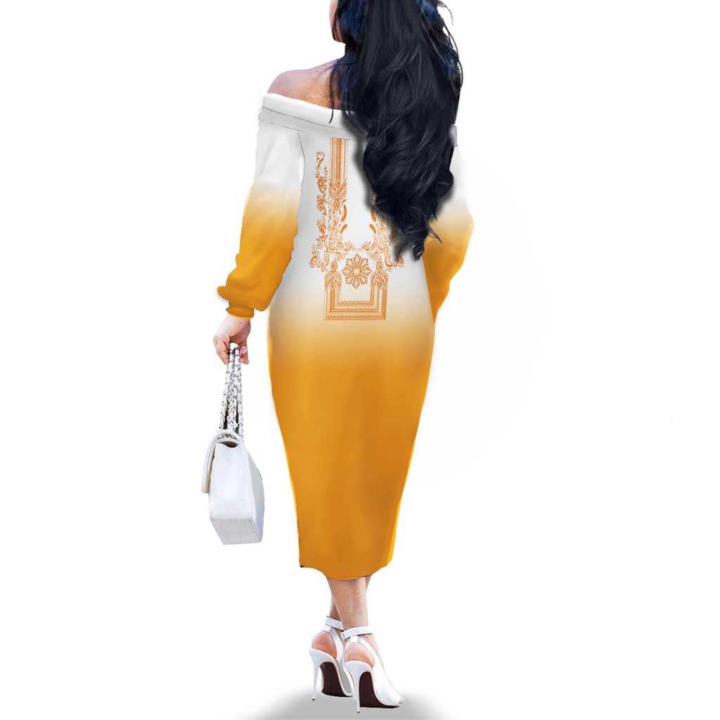 Philippines Barong Style Family Matching Off The Shoulder Long Sleeve Dress and Hawaiian Shirt with Polynesian Art and Leaf Motif Yellow Color
