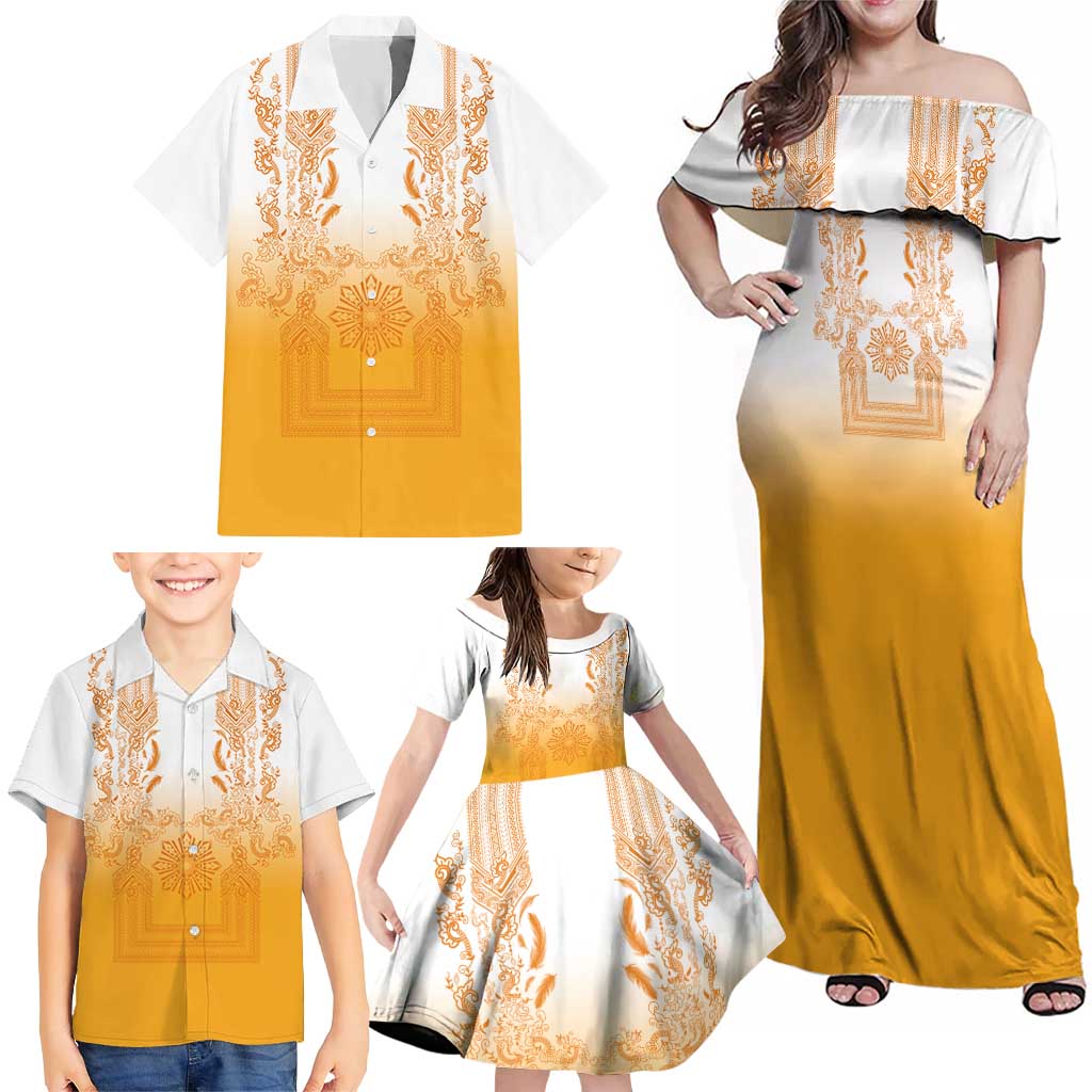 Philippines Barong Style Family Matching Off Shoulder Maxi Dress and Hawaiian Shirt with Polynesian Art and Leaf Motif Yellow Color