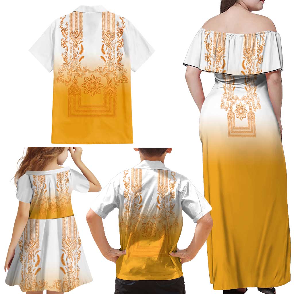 Philippines Barong Style Family Matching Off Shoulder Maxi Dress and Hawaiian Shirt with Polynesian Art and Leaf Motif Yellow Color