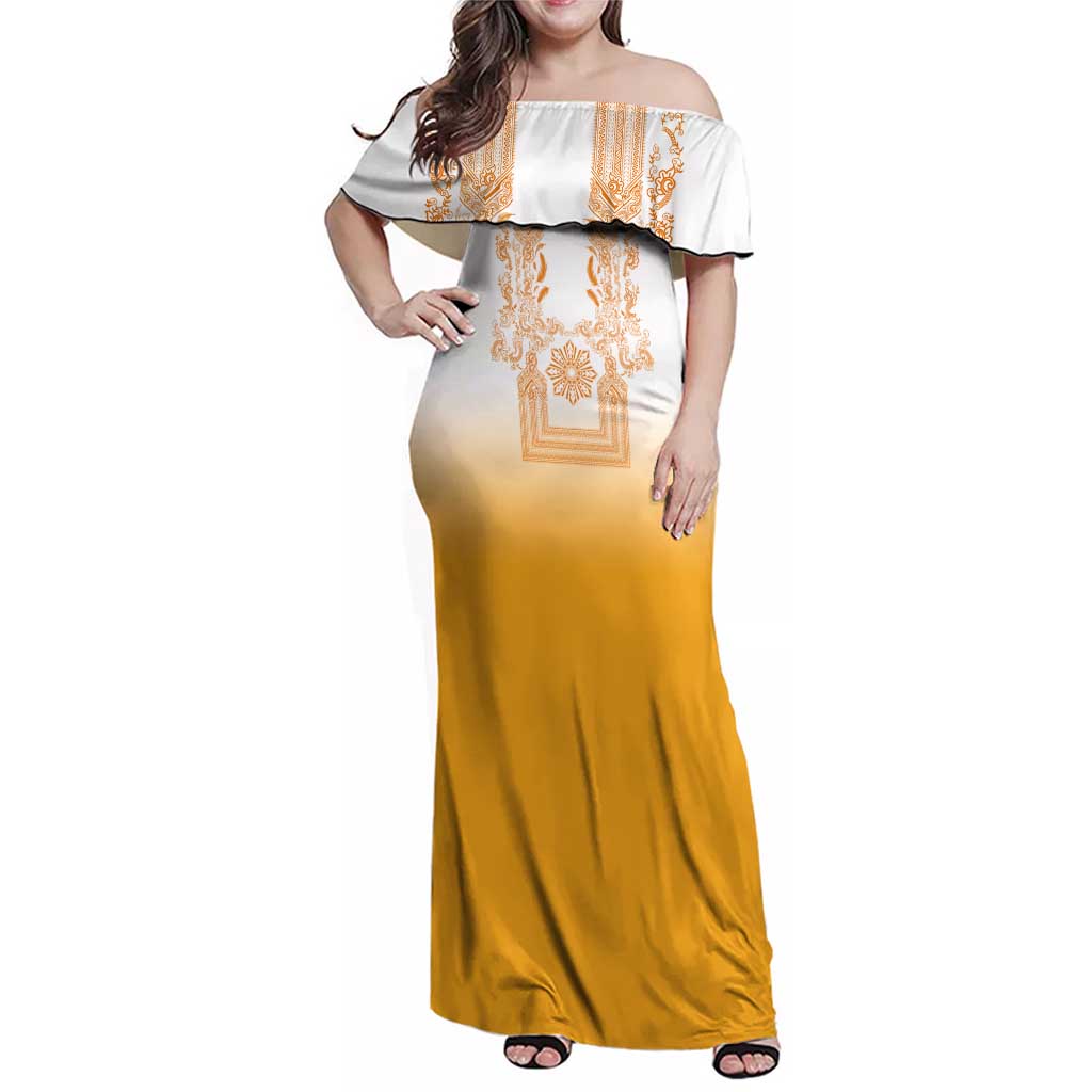 Philippines Barong Style Family Matching Off Shoulder Maxi Dress and Hawaiian Shirt with Polynesian Art and Leaf Motif Yellow Color