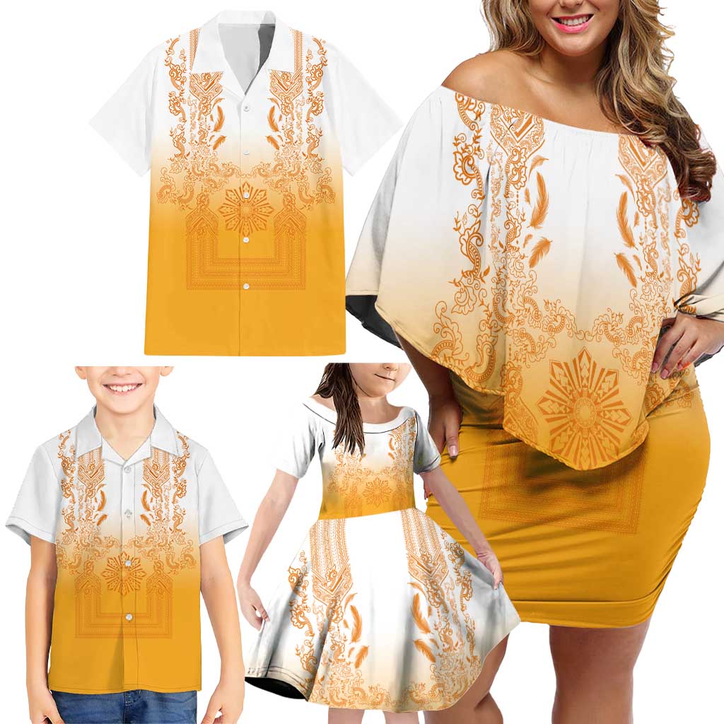 Philippines Barong Style Family Matching Off Shoulder Short Dress and Hawaiian Shirt with Polynesian Art and Leaf Motif Yellow Color