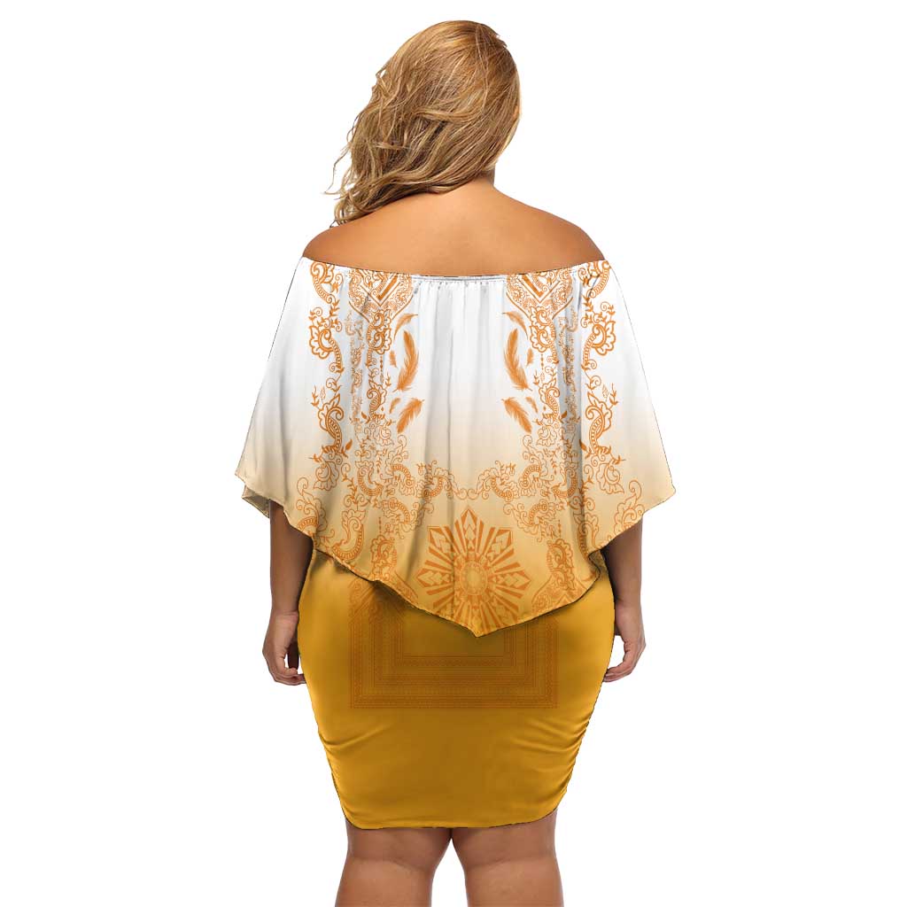 Philippines Barong Style Family Matching Off Shoulder Short Dress and Hawaiian Shirt with Polynesian Art and Leaf Motif Yellow Color