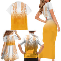 Philippines Barong Style Family Matching Short Sleeve Bodycon Dress and Hawaiian Shirt with Polynesian Art and Leaf Motif Yellow Color