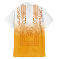 Philippines Barong Style Family Matching Short Sleeve Bodycon Dress and Hawaiian Shirt with Polynesian Art and Leaf Motif Yellow Color