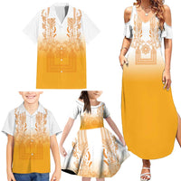 Philippines Barong Style Family Matching Summer Maxi Dress and Hawaiian Shirt with Polynesian Art and Leaf Motif Yellow Color