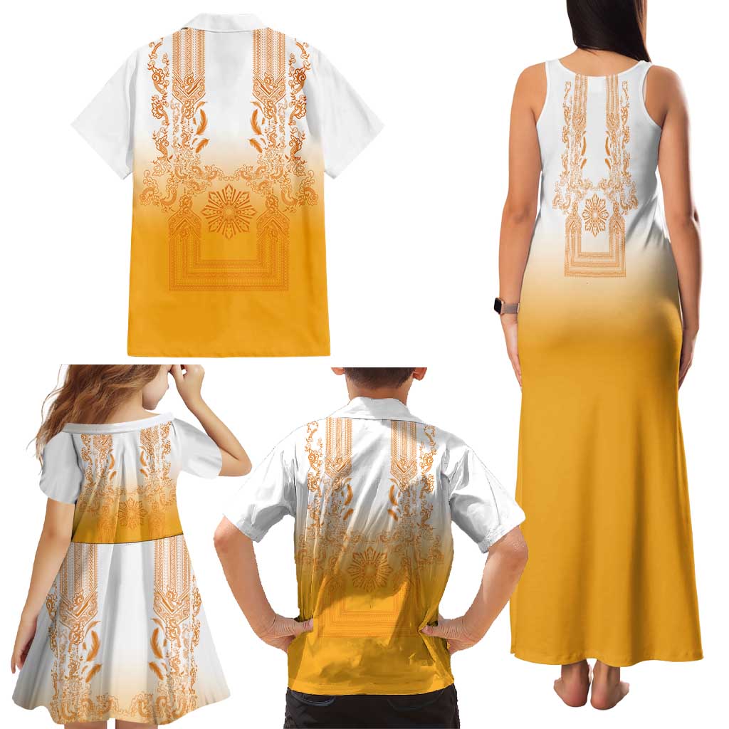 Philippines Barong Style Family Matching Tank Maxi Dress and Hawaiian Shirt with Polynesian Art and Leaf Motif Yellow Color