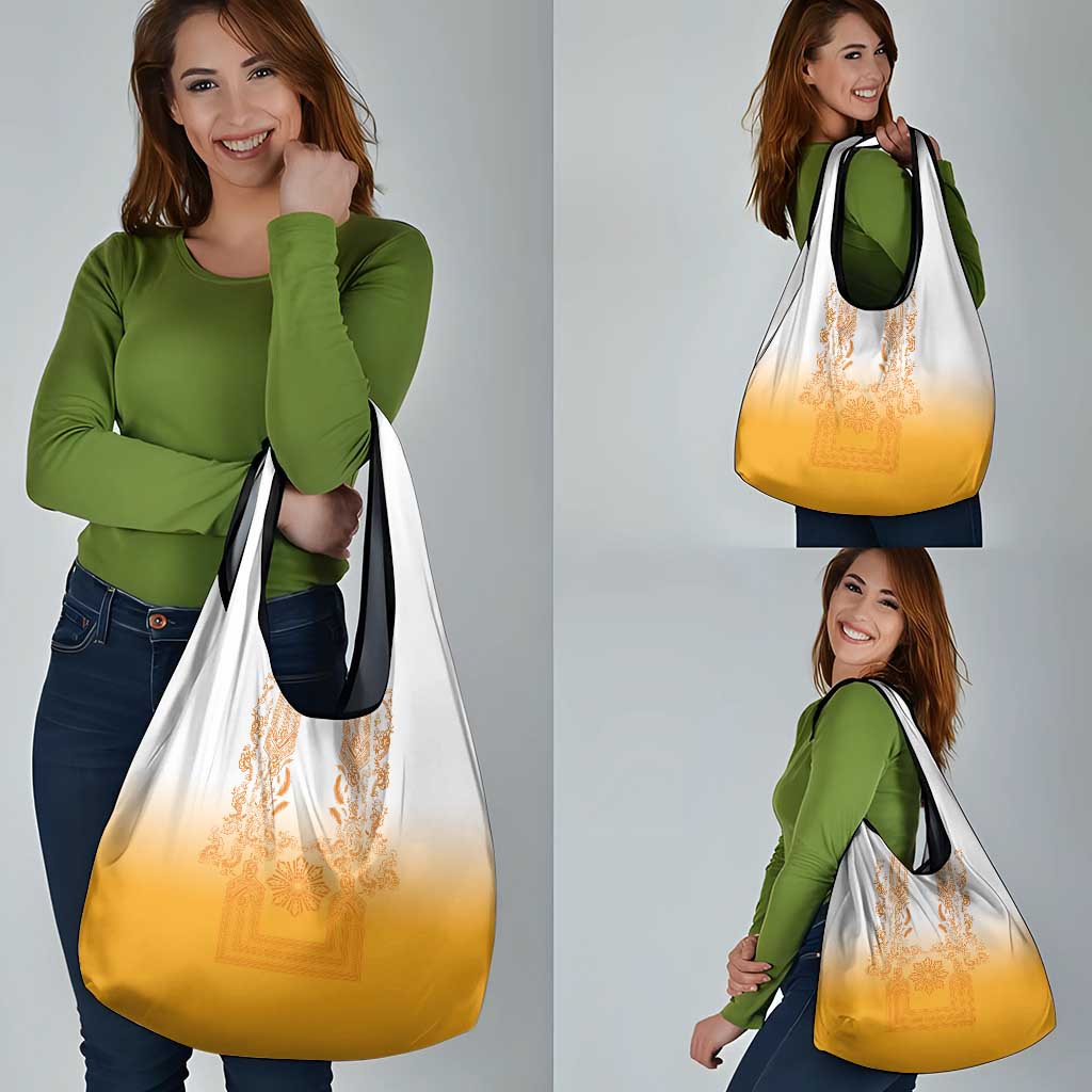 Philippines Barong Style Grocery Bag with Polynesian Art and Leaf Motif Yellow Color