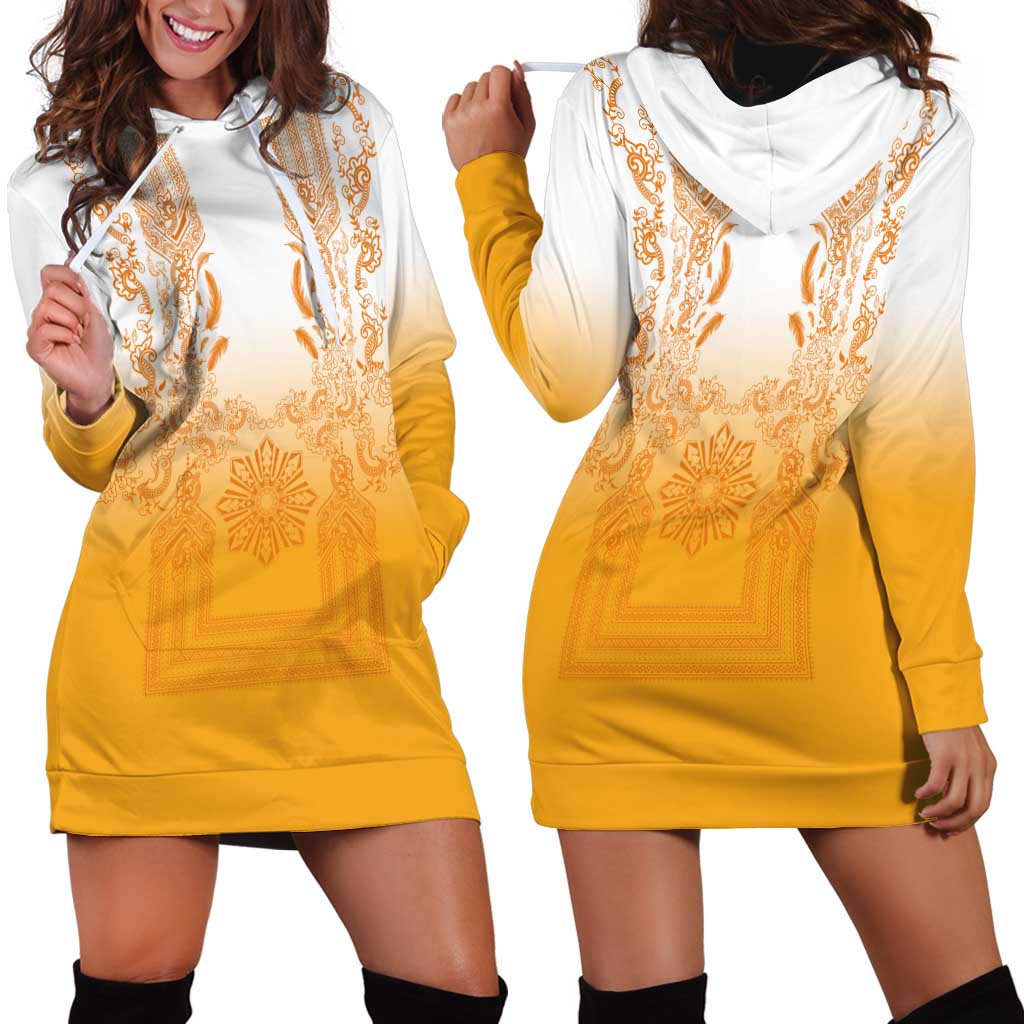 Philippines Barong Style Hoodie Dress with Polynesian Art and Leaf Motif Yellow Color LT03 - Polynesian Pride