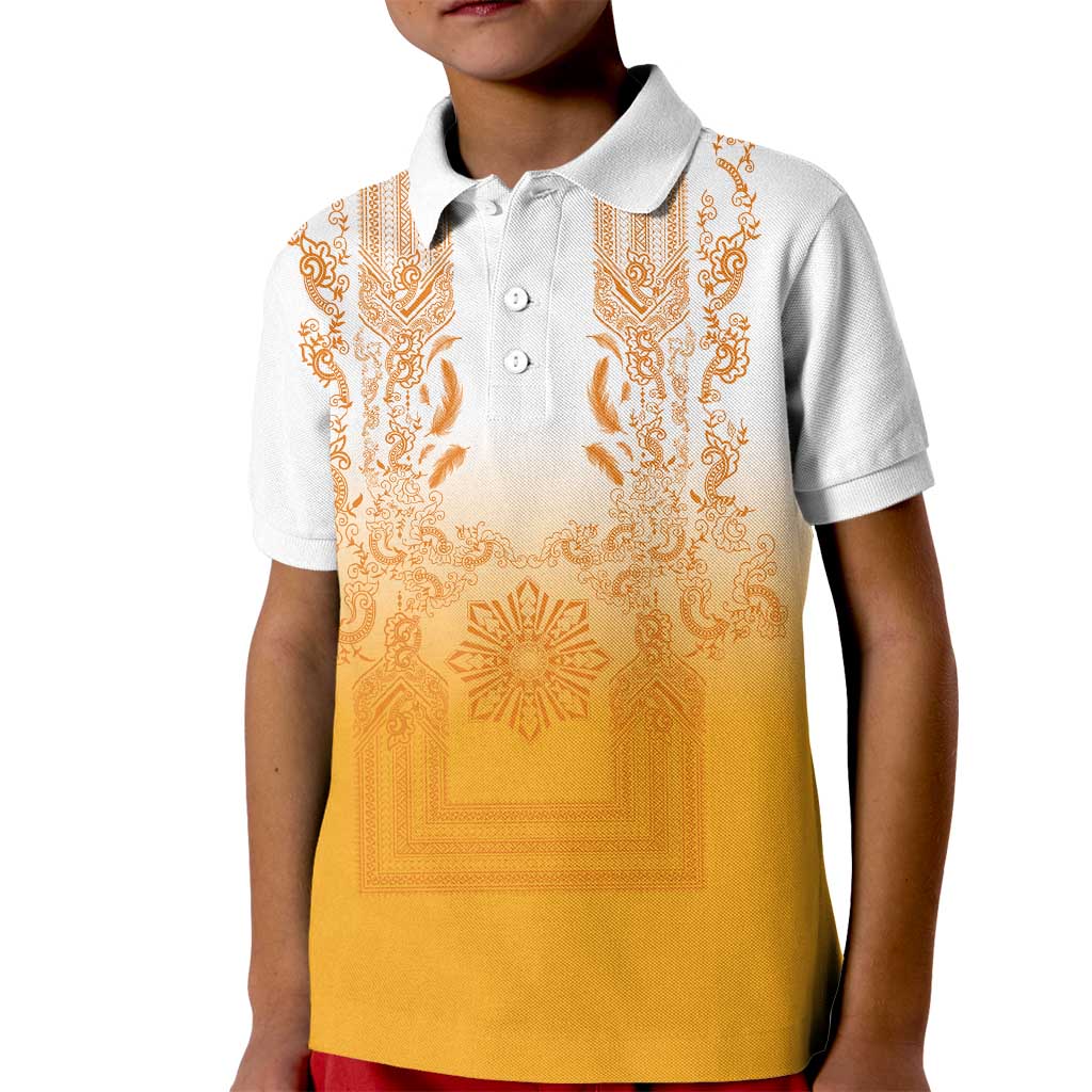 Philippines Barong Style Kid Polo Shirt with Polynesian Art and Leaf Motif Yellow Color