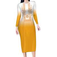 Philippines Barong Style Long Sleeve Bodycon Dress with Polynesian Art and Leaf Motif Yellow Color