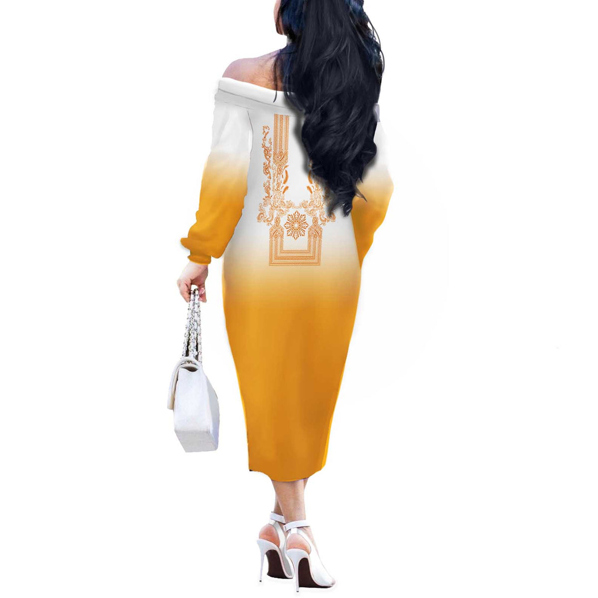 Philippines Barong Style Off The Shoulder Long Sleeve Dress with Polynesian Art and Leaf Motif Yellow Color