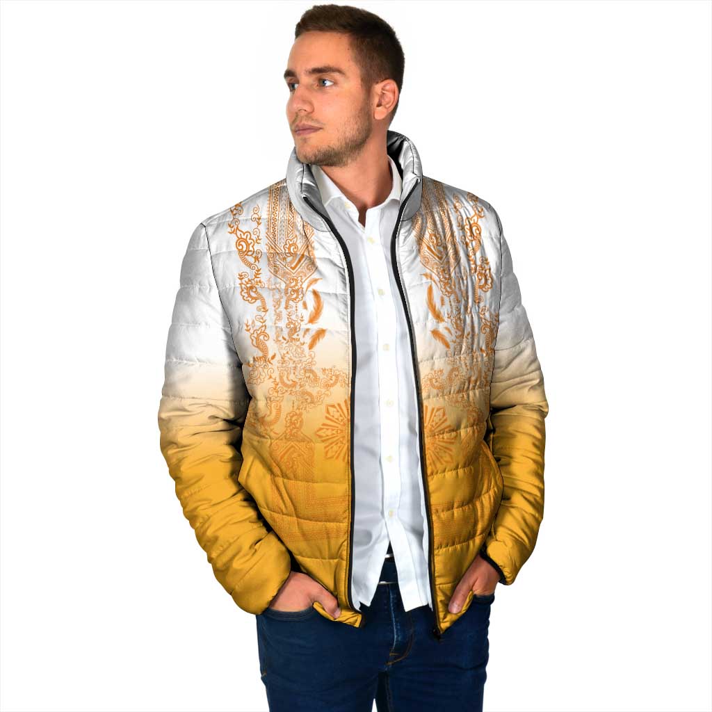 Philippines Barong Style Padded Jacket with Polynesian Art and Leaf Motif Yellow Color