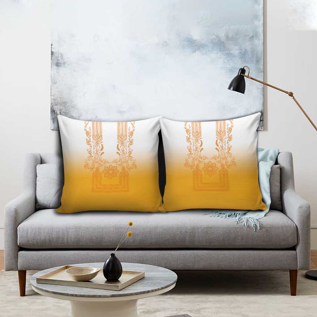 Philippines Barong Style Pillow Cover with Polynesian Art and Leaf Motif Yellow Color