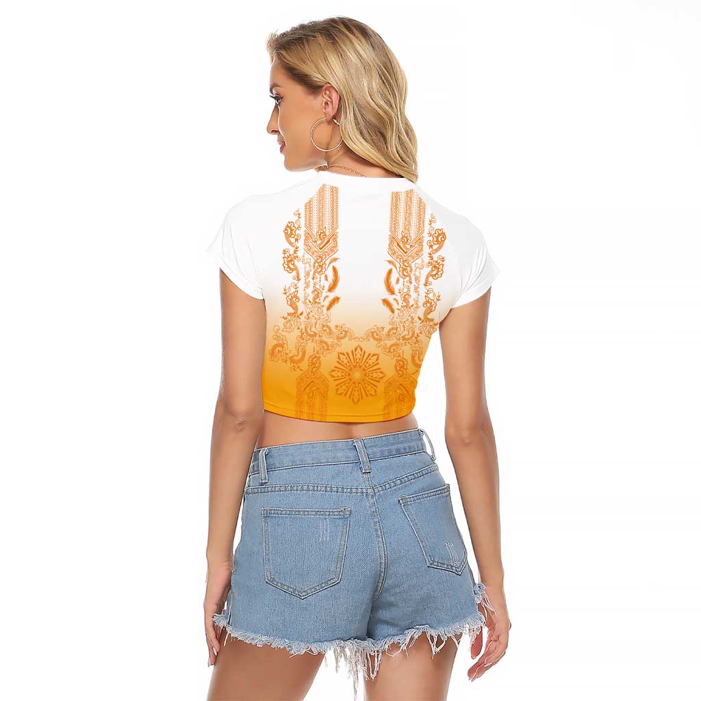 Philippines Barong Style Raglan Cropped T Shirt with Polynesian Art and Leaf Motif Yellow Color
