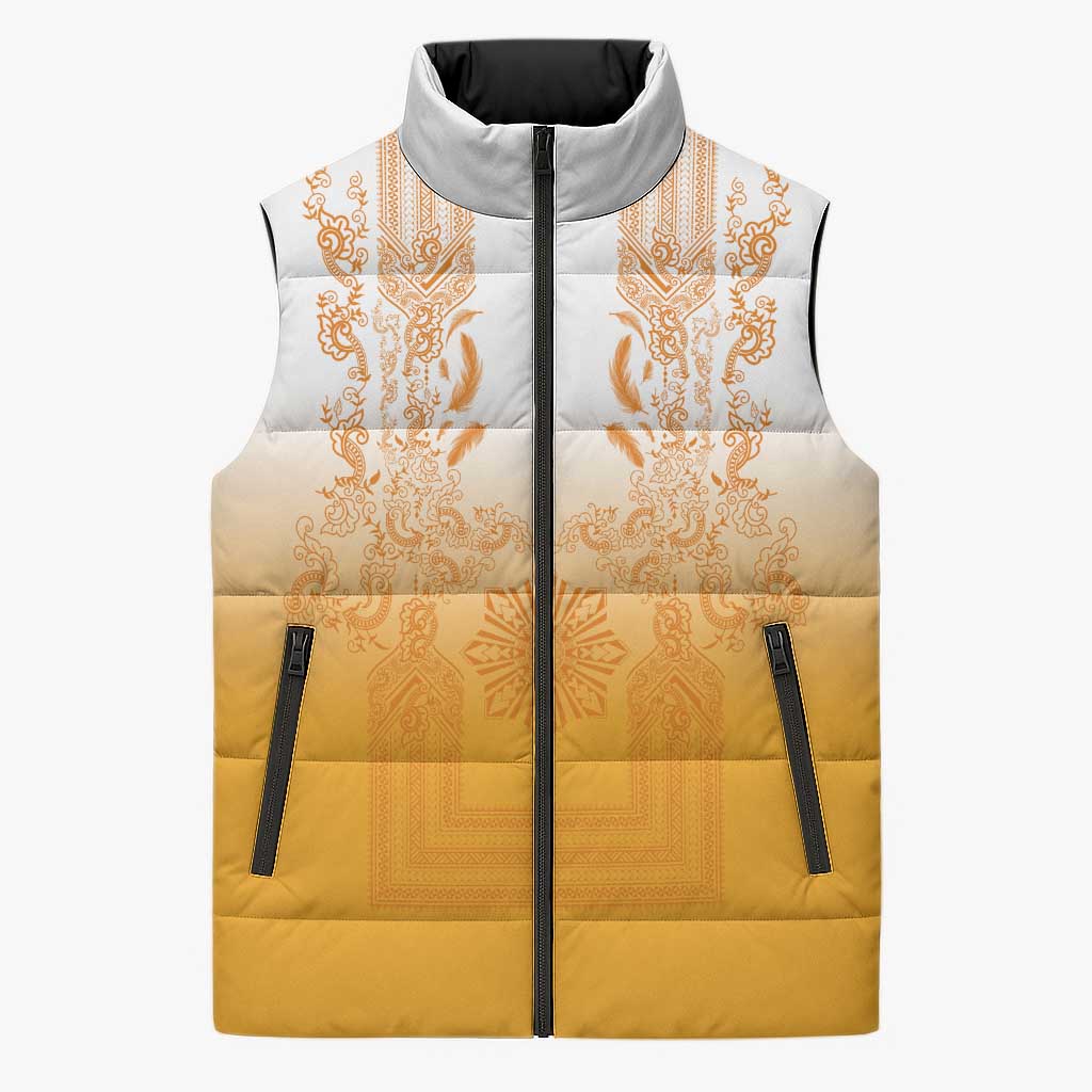 Philippines Barong Style Sleeveless Puffer Jacket with Polynesian Art and Leaf Motif Yellow Color
