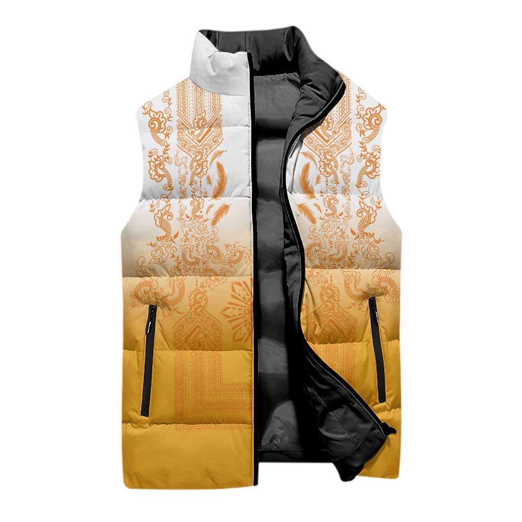Philippines Barong Style Sleeveless Puffer Jacket with Polynesian Art and Leaf Motif Yellow Color